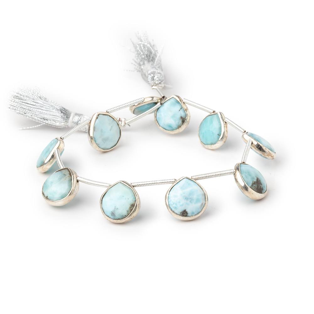 10-11mm Sterling Silver Bezel Larimar Faceted Hearts 6 inch 10 Beads