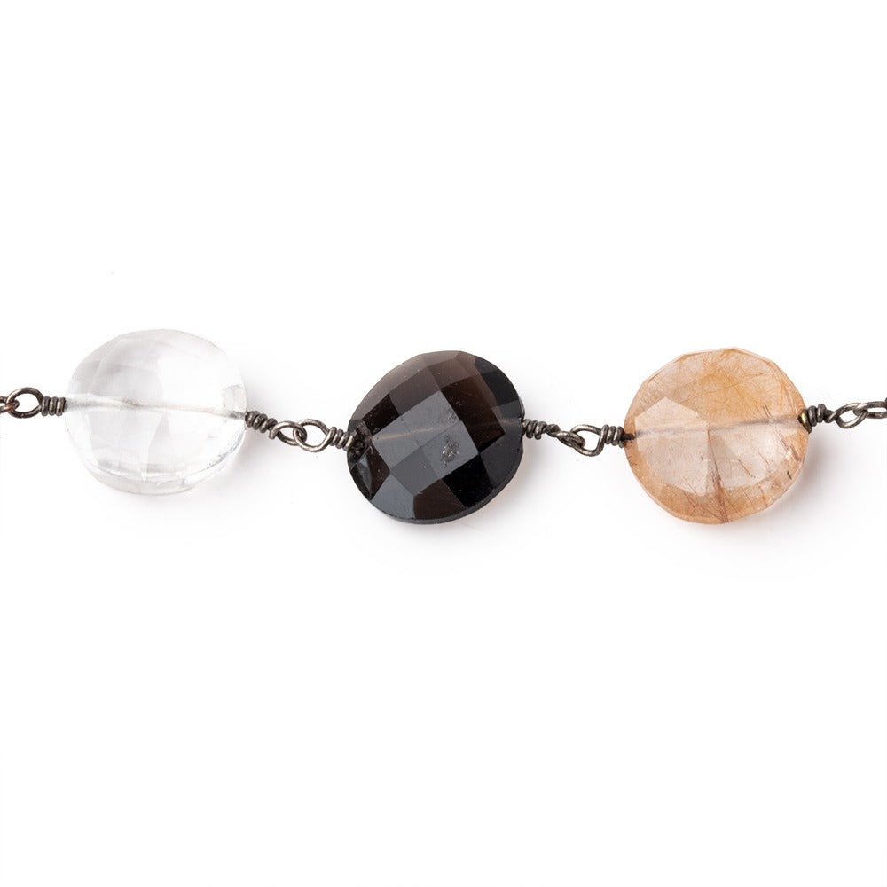 10-12mm Multi Gemstone Faceted Coin Beads on Black Gold over .925 Silver Chain