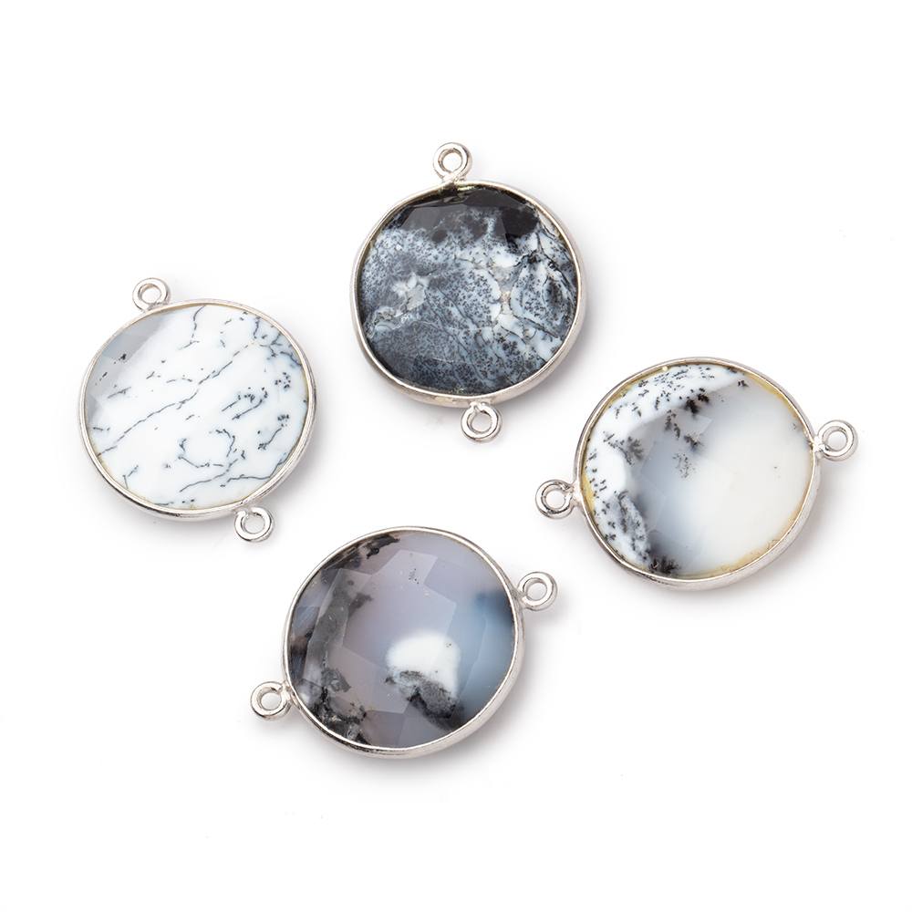 22mm Silver Bezel Dendritic Opal Faceted Coin Focal Bead Connector 1 piece