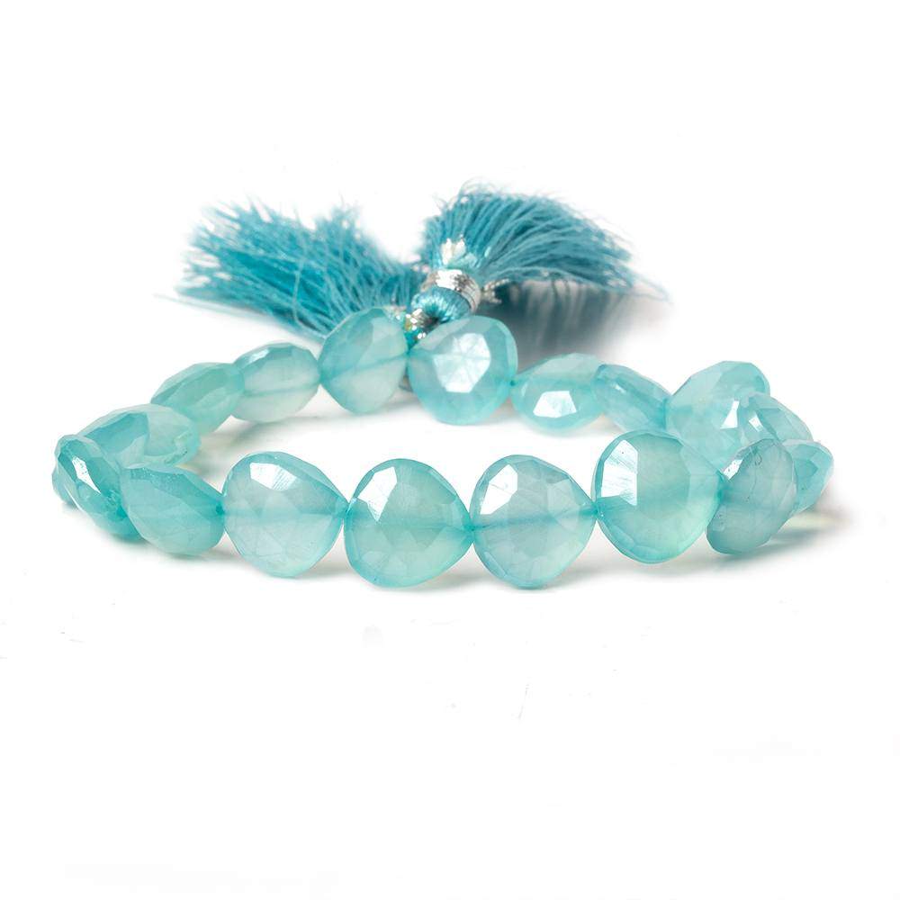 Silver Mystic Seafoam Blue Chalcedony  faceted heart  8 inch 18 Beads