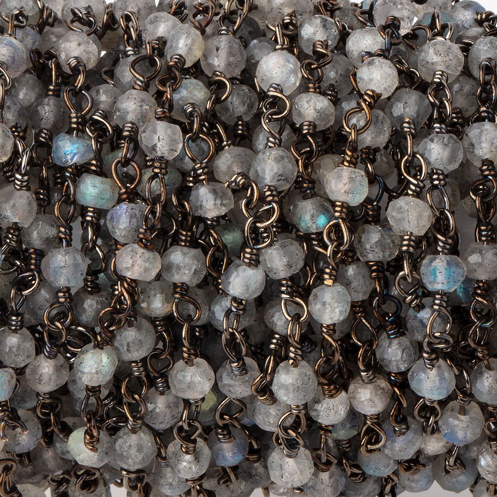 3mm Labradorite faceted rondelle Black Gold Chain by the foot 36 pieces