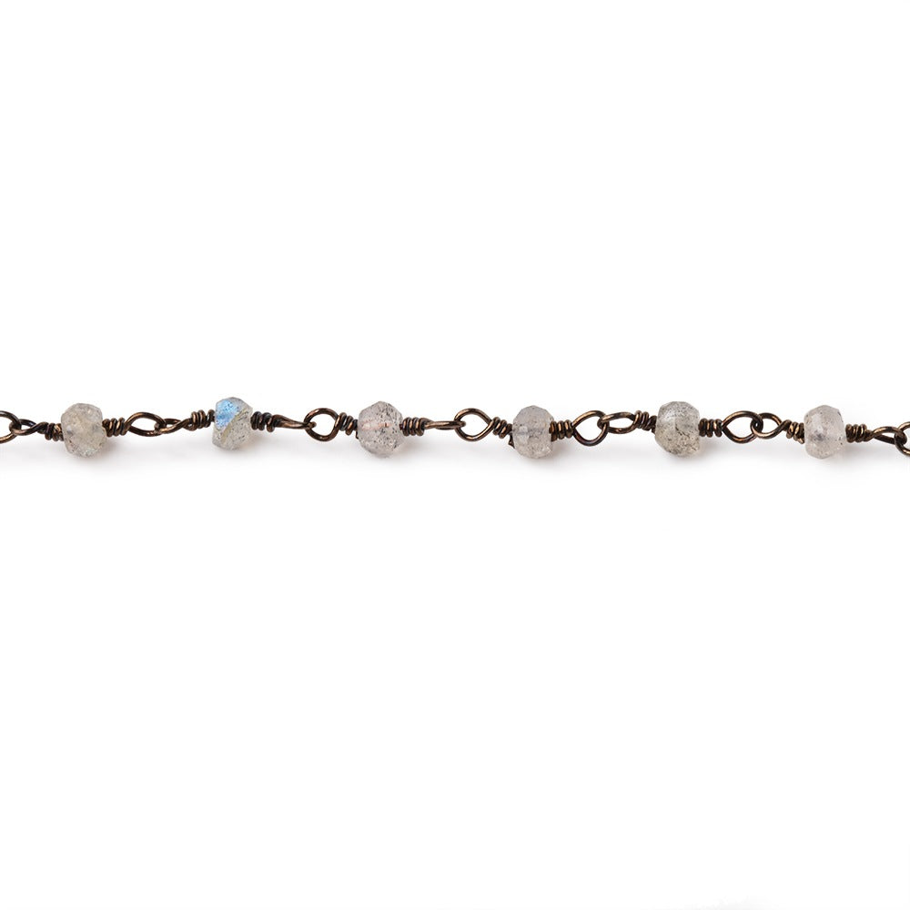 3mm Labradorite faceted rondelle Black Gold Chain by the foot 36 pieces
