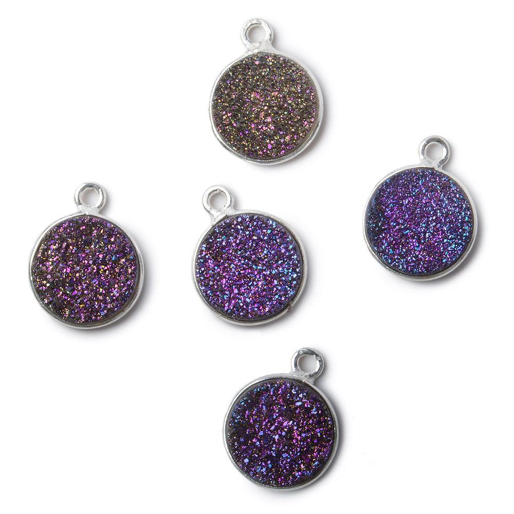 11mm Silver .925 Bezel Mystic Peacock Drusy Coin Pendant 1 piece