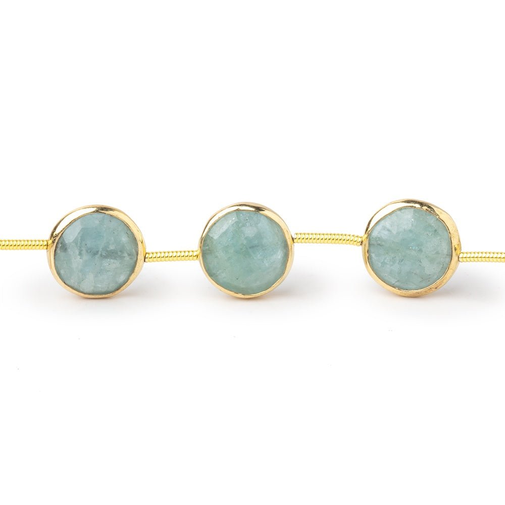 11mm Vermeil Bezel Aquamarine Faceted Coin Beads 7.5 inch 11 pieces