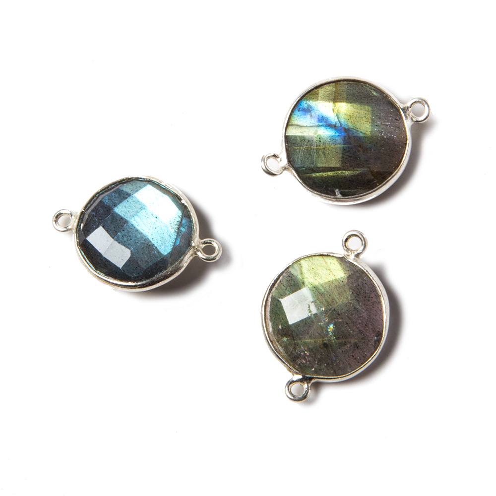 12-13mm Silver Bezeled Labradorite faceted coin Connector  1 piece
