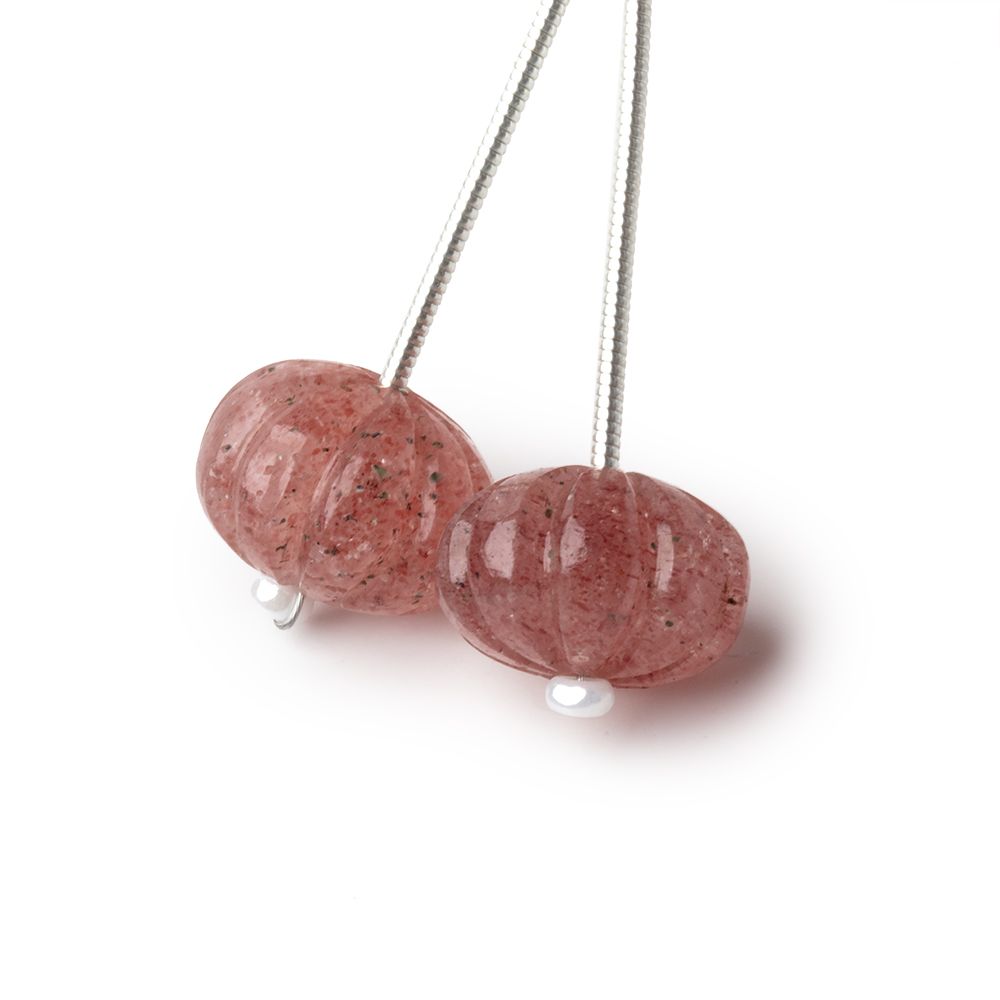 12.5mm Strawberry Quartz Carved Melon Focals Set of 2 Beads