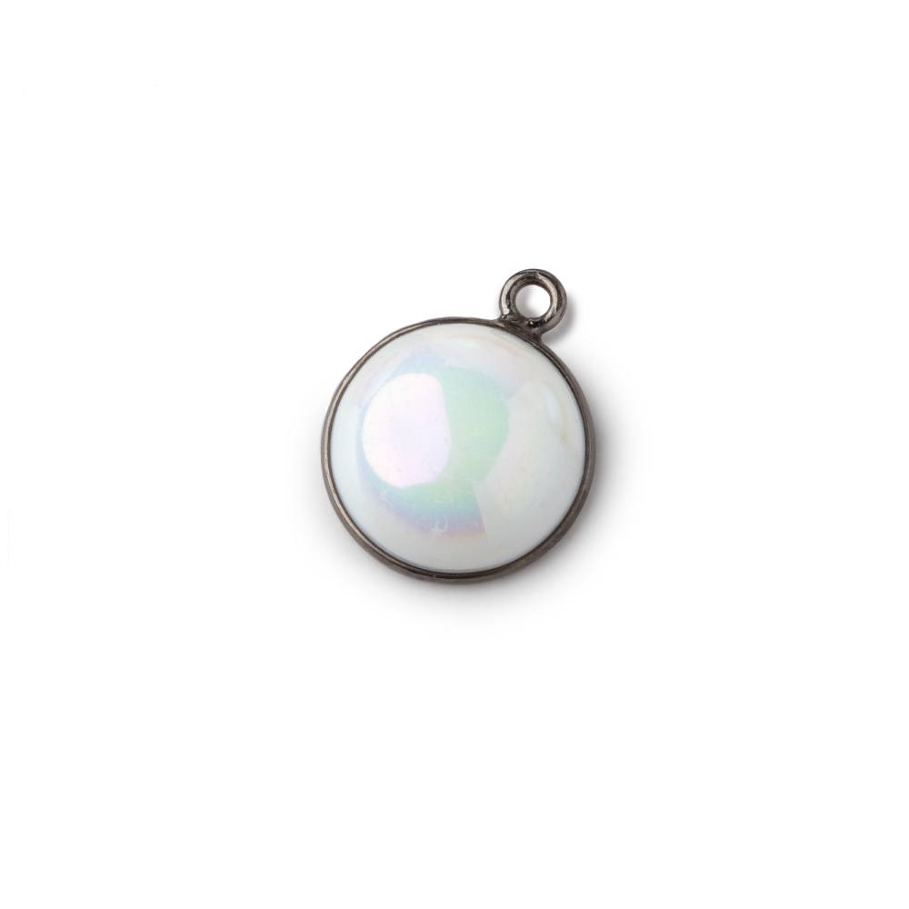 13mm Black Gold Bezel Mystic Grey Blue Opal Coin Cabochon Pendant 1 piece