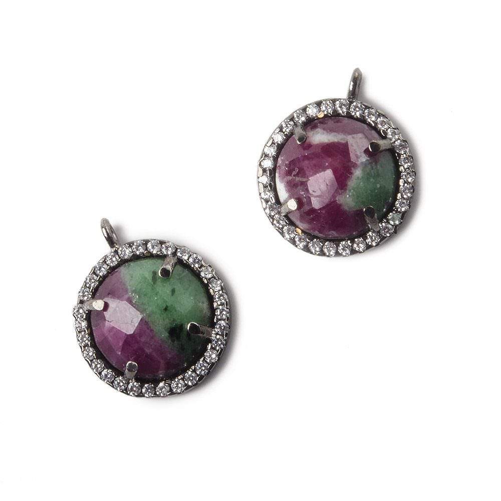13mm Black Gold Bezel White CZ and Ruby in Zoisite Coin Pendant 1 focal bead