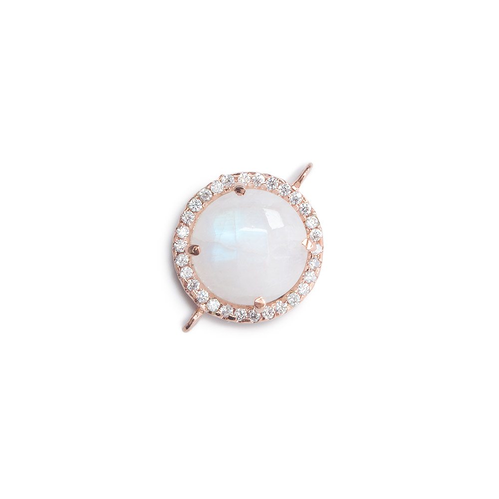 13mm Rose Gold Bezel White CZ and Rainbow Moonstone Coin Connector 1 focal bead