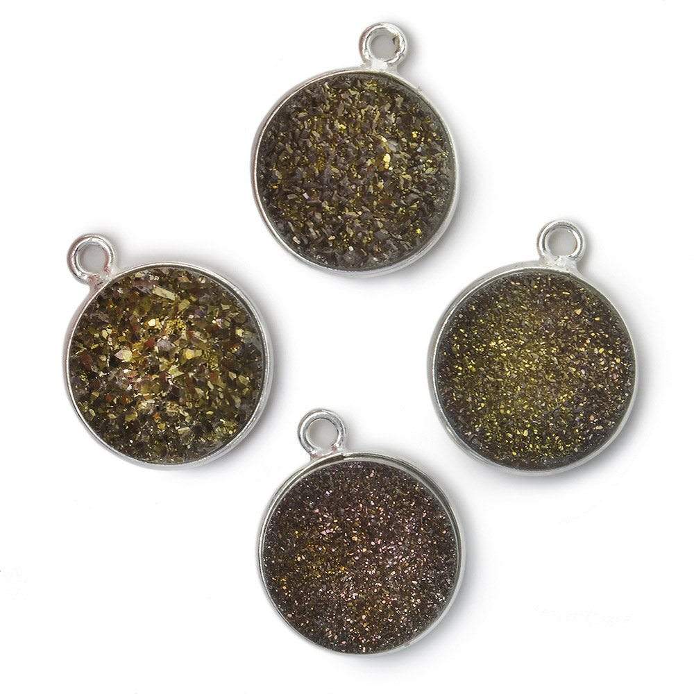 13mm Silver .925 Bezel Metallic Bronze Drusy Coin Pendant  1 piece