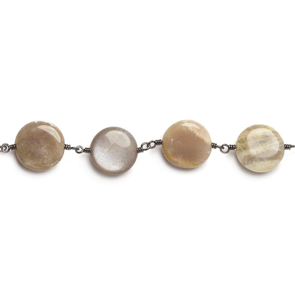13mm Sunstone Feldspar plain coin Black Gold Chain by the foot 15 beads