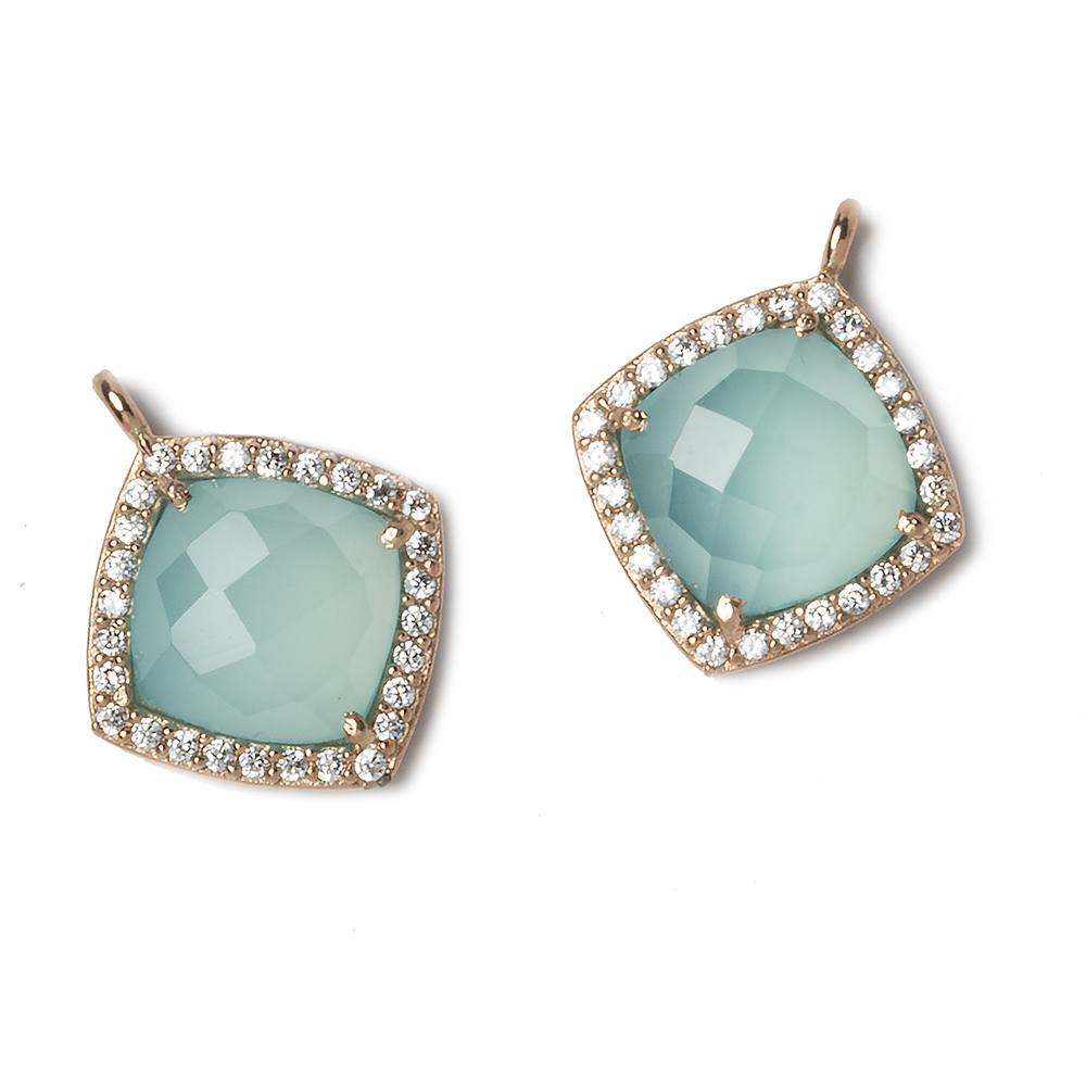 13x13mm Rose Gold Bezeled White CZ and Aqua Chalcedony Pillow Pendant 1 piece