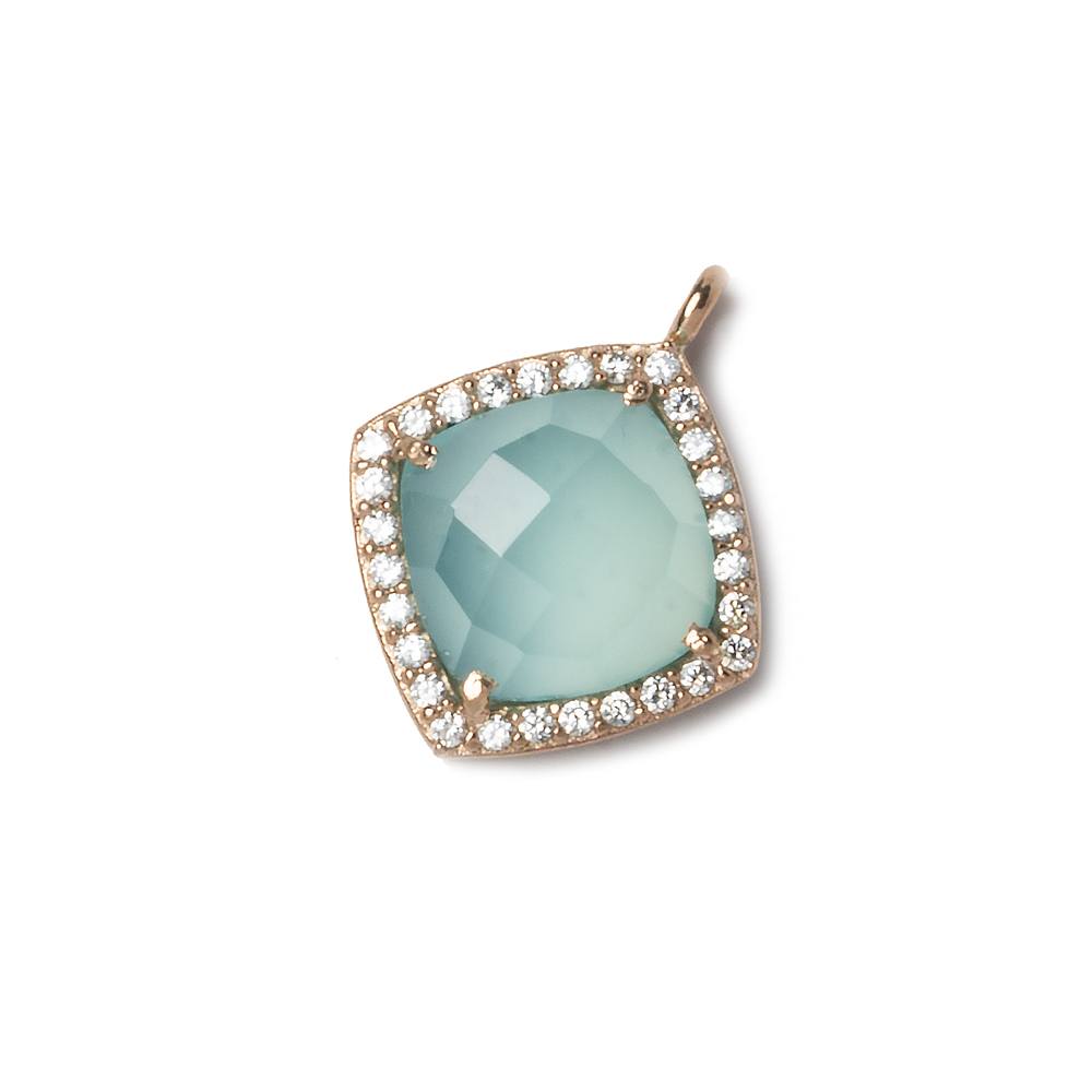 13x13mm Rose Gold Bezeled White CZ and Aqua Chalcedony Pillow Pendant 1 piece