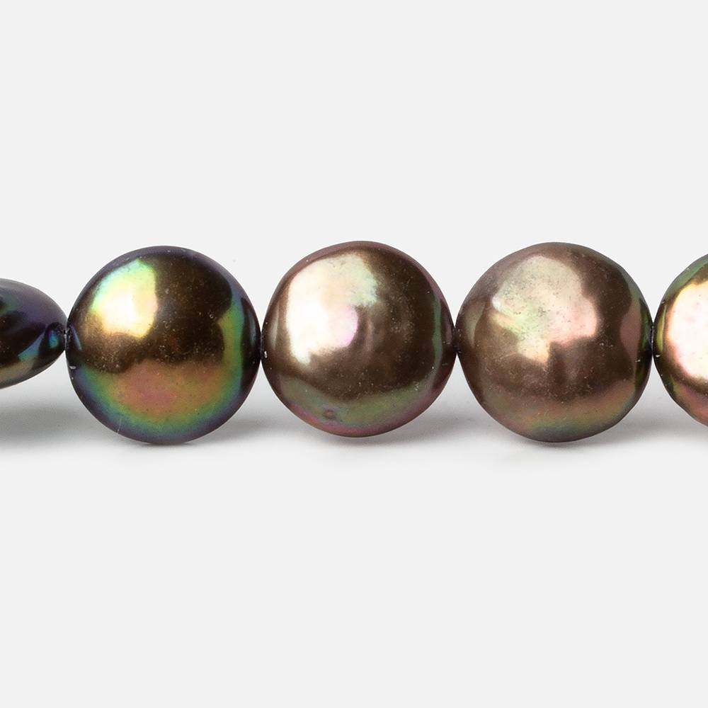 13x14mm Chocolate Brown Iridescent Coin Freshwater Pearls 16 inch 27 pieces A Quality