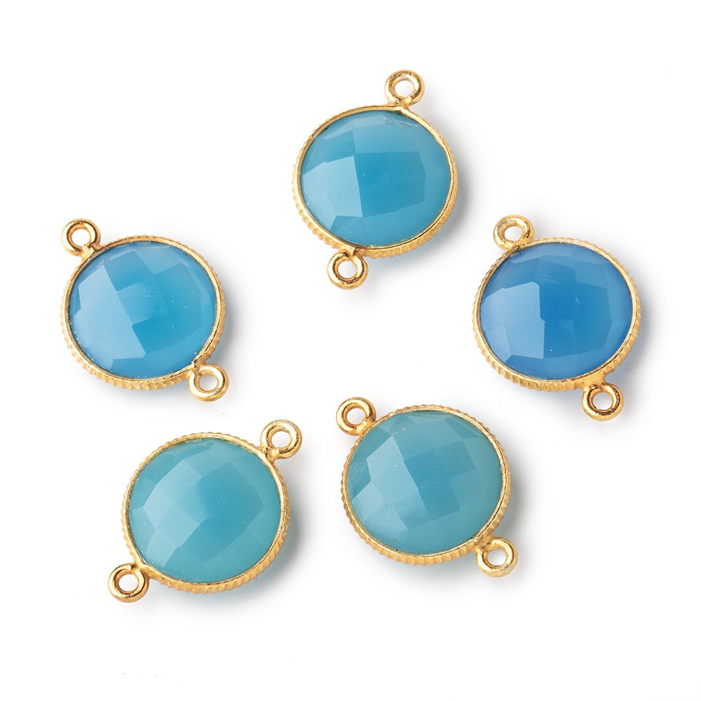 15mm Vermeil Corrugated Bezel Santorini Blue Chalcedony coin 2 ring Connector 1 pc