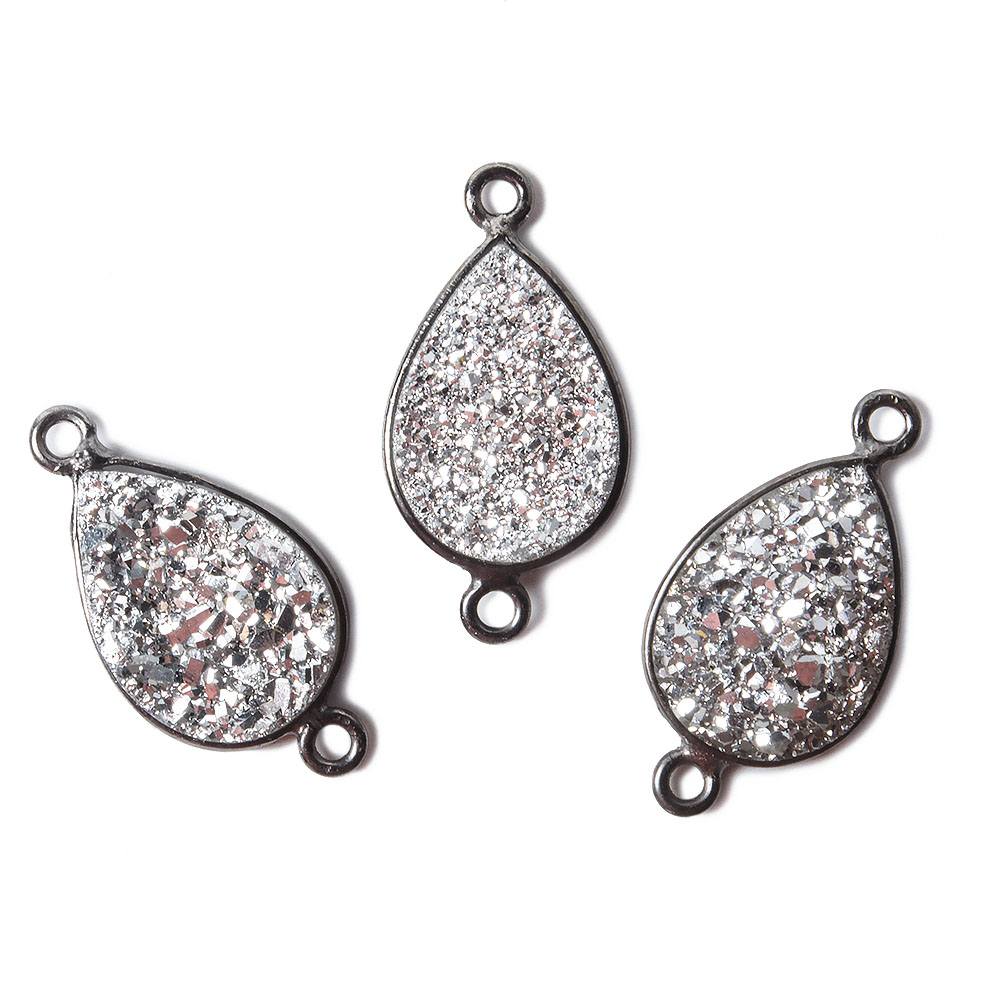 15x11mm Black Gold Bezel Metallic Silver Drusy Pear Connector 1 piece
