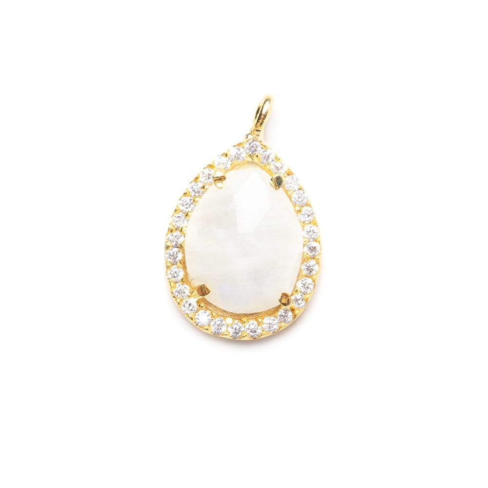 15x11mm Vermeil Bezeled White CZ and Rainbow Moonstone Pear Pendant 1 piece
