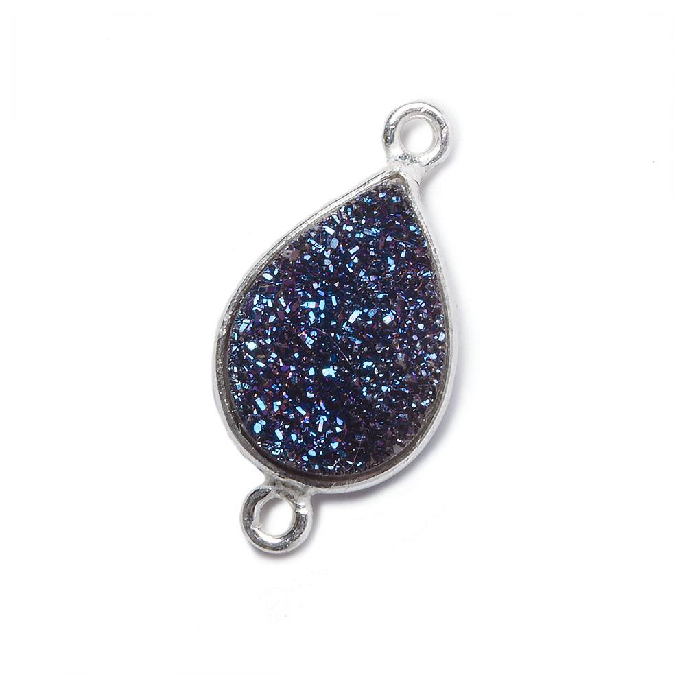15x11mm Silver Bezel Mystic Aegean Blue Drusy Pear Connector 1 piece