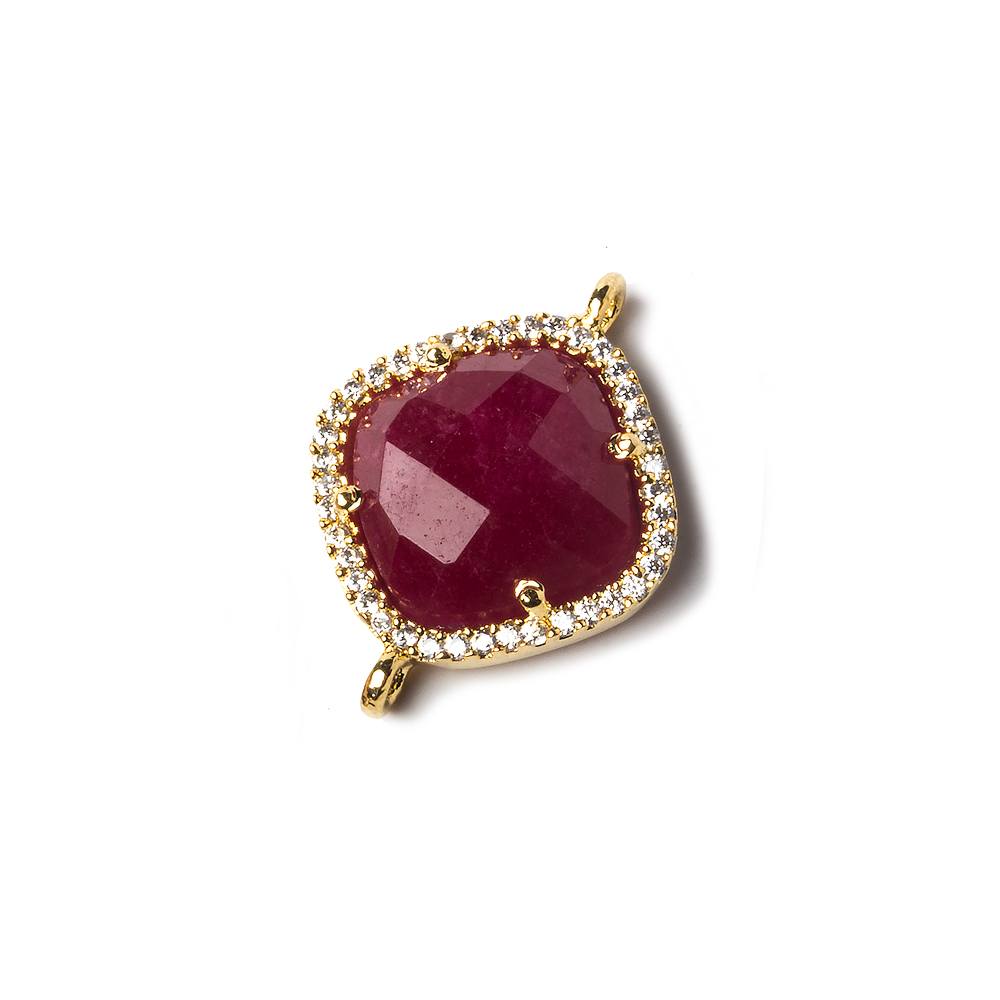 16x16mm Gold Bezeled White CZ and Ruby Pillow Connector 1 piece
