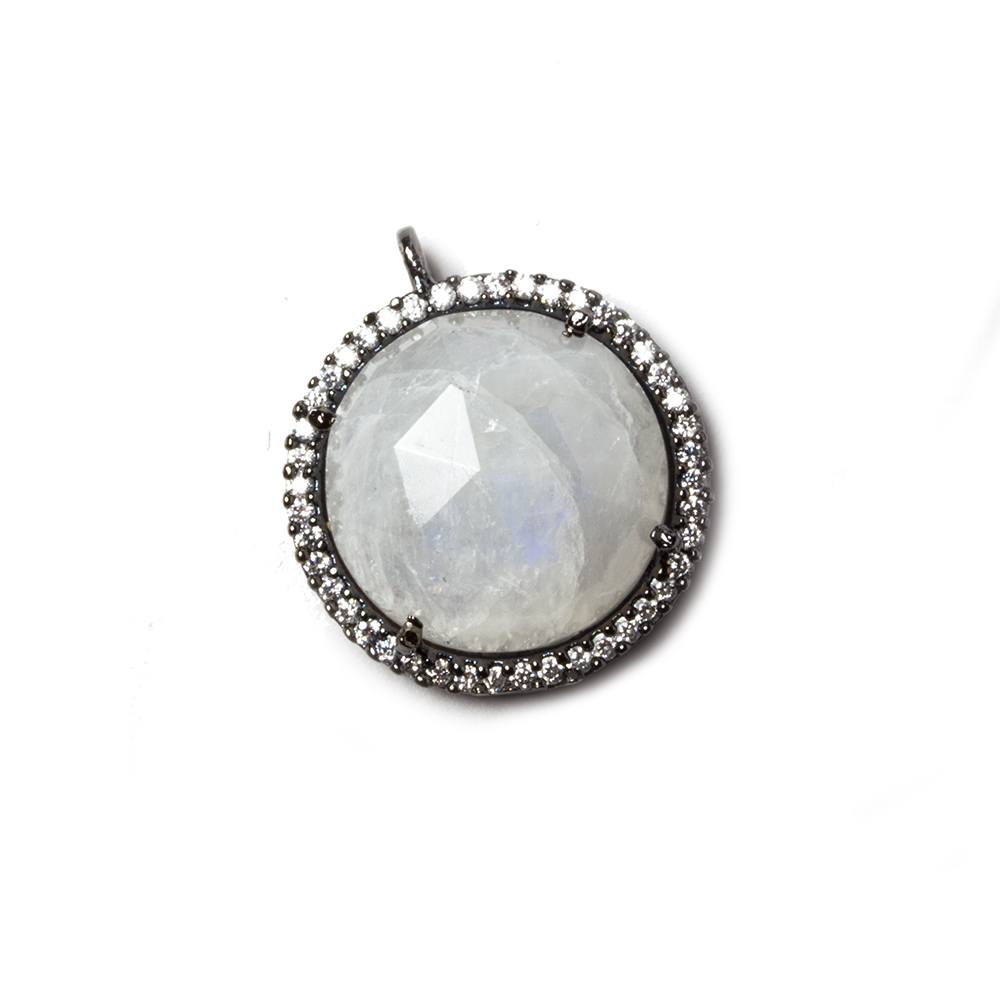 17mm Black Gold Bezel White CZ & Rainbow Moonstone Coin Pendant 1 pc