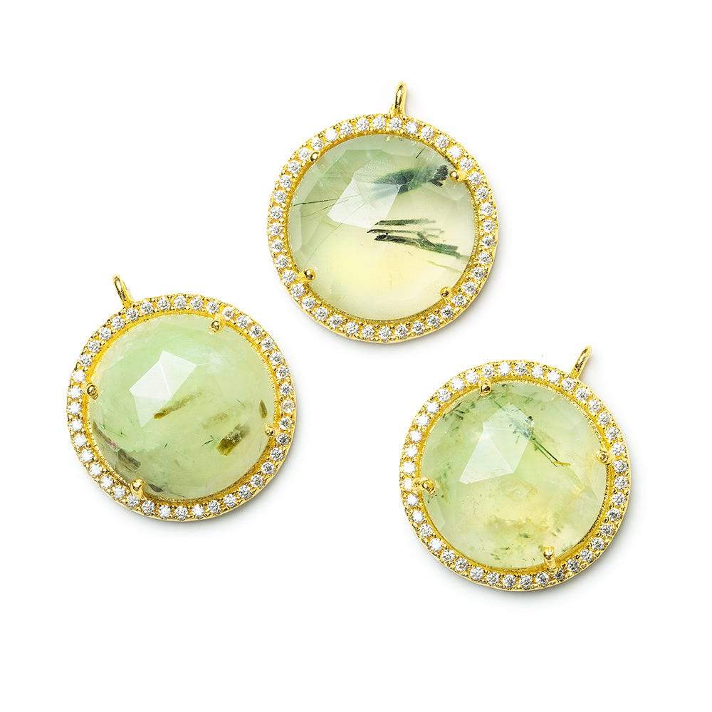17mm Vermeil CZ Bezel & Prehnite faceted coin Pendant 1 piece