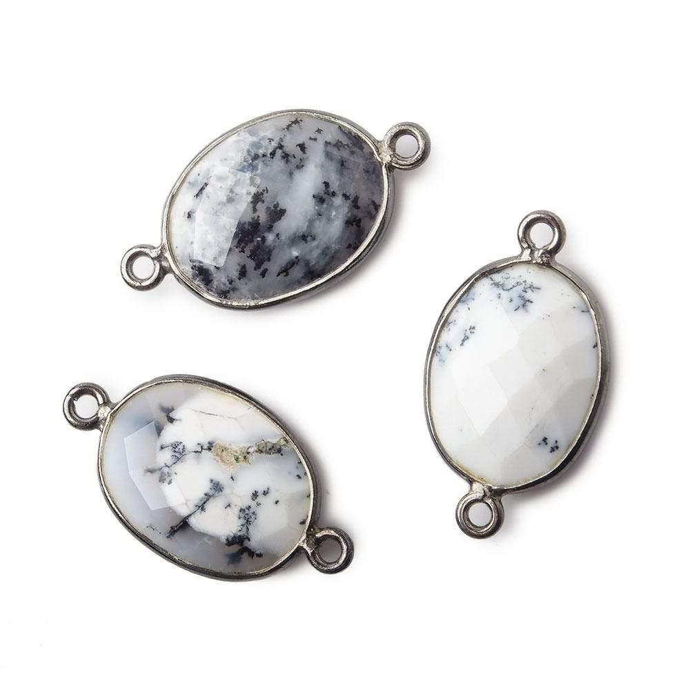 17x13mm Black Gold .925 Bezel Dendritic Opal Faceted Oval Connector 1 piece
