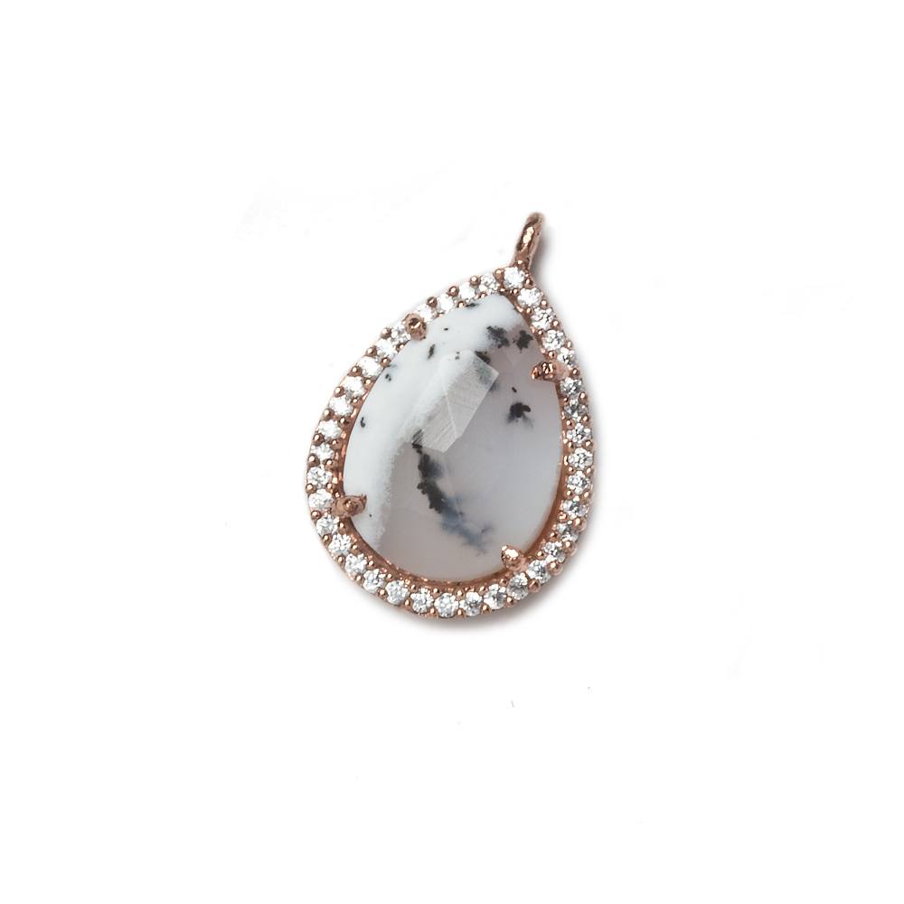 17x13mm Rose Gold Bezeled White CZ and Dendritic Opal Pear Pendant 1 piece
