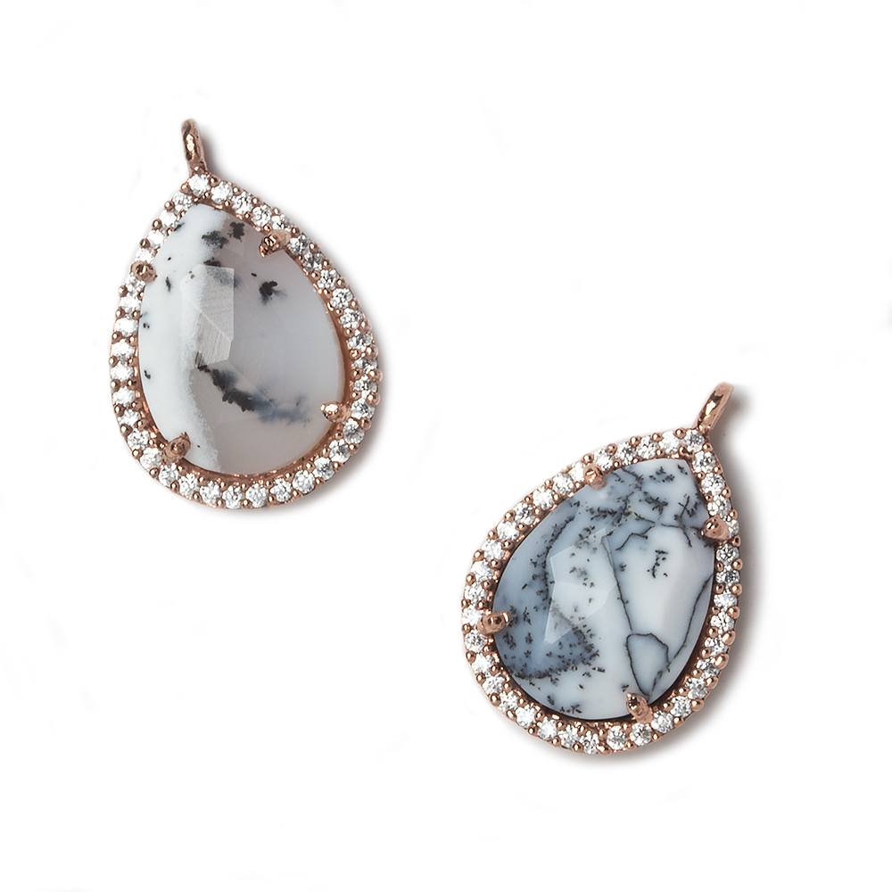 17x13mm Rose Gold Bezeled White CZ and Dendritic Opal Pear Pendant 1 piece
