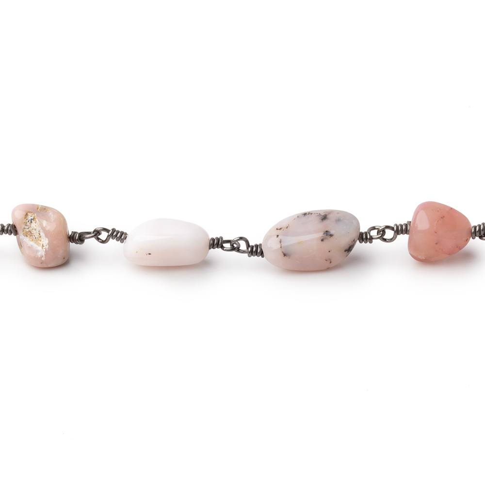 7x7-11x7mm Pink Peruvian Opal Plain Nuggets on Black Gold plated Chain