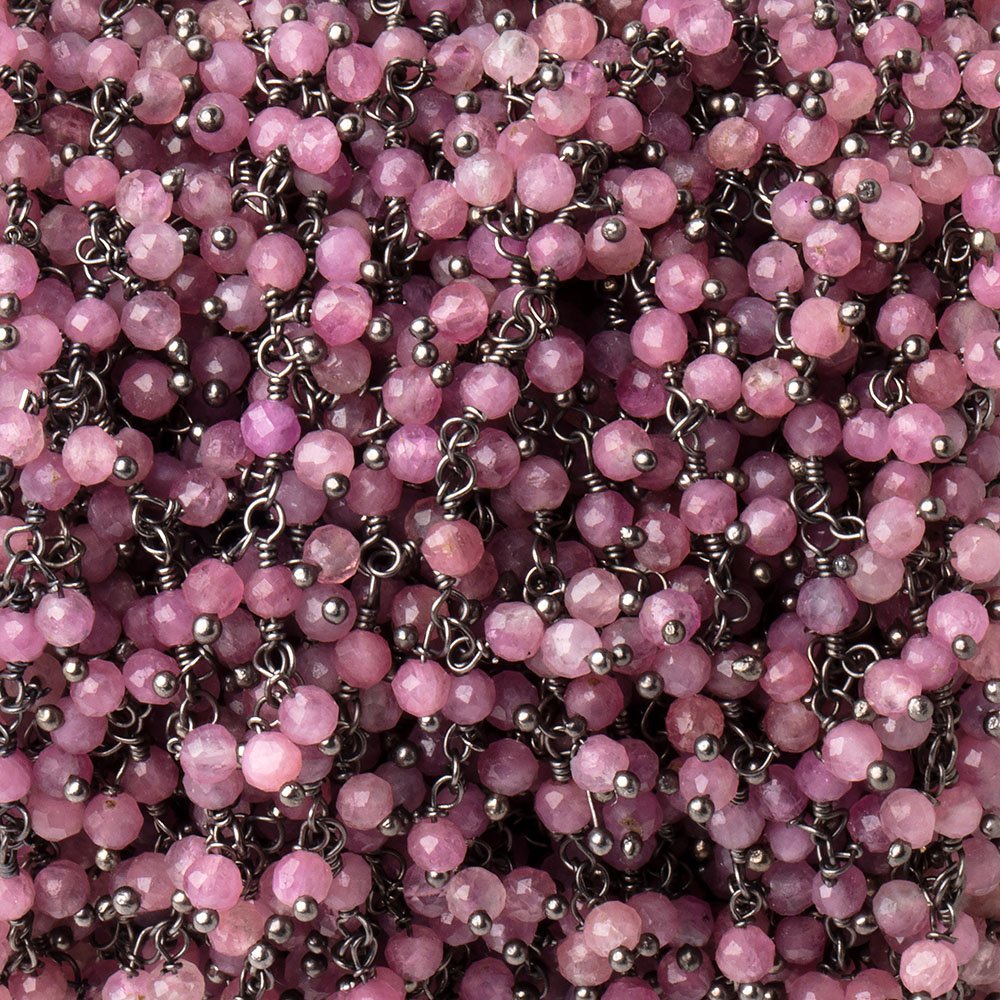 3mm Pink Tourmaline micro-faceted round Black Gold Dangling Chain by the foot