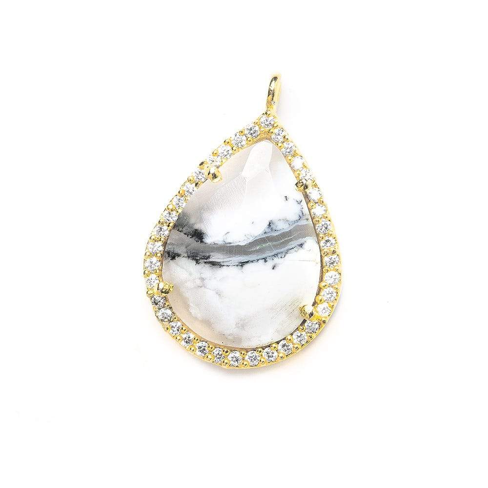 19x15mm Vermeil Bezeled White CZ and Dendritic Opal Pear Pendant 1 piece