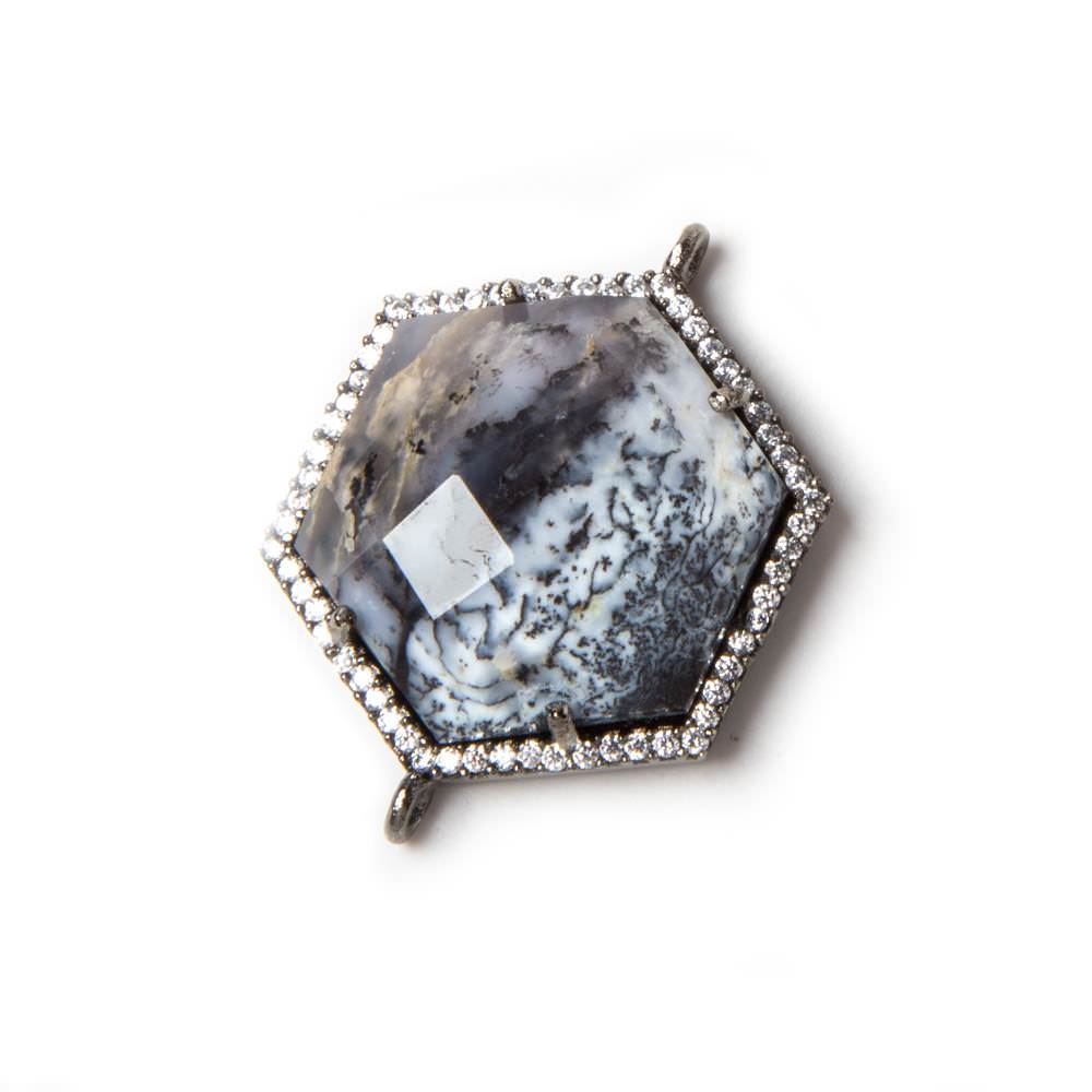 21mm Black Gold Bezeled White CZ & Dendritic Opal Hexagon Connector 1 pc