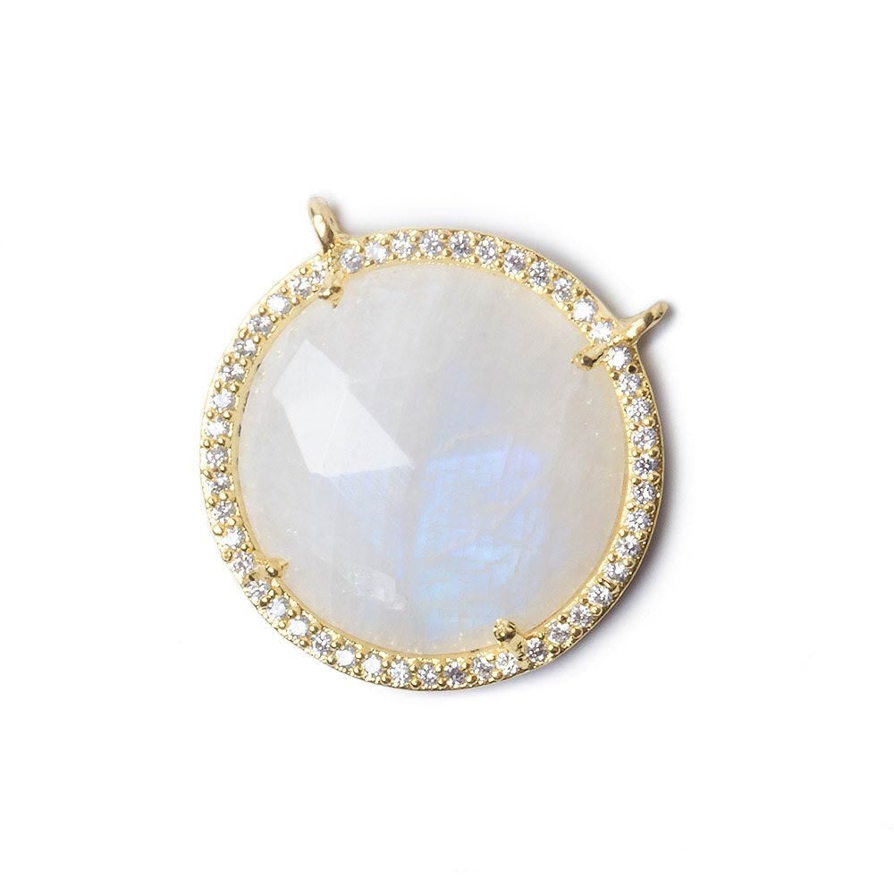 21mm Gold Bezel White CZ and Rainbow Moonstone Coin Top Ring Connector 1 focal bead