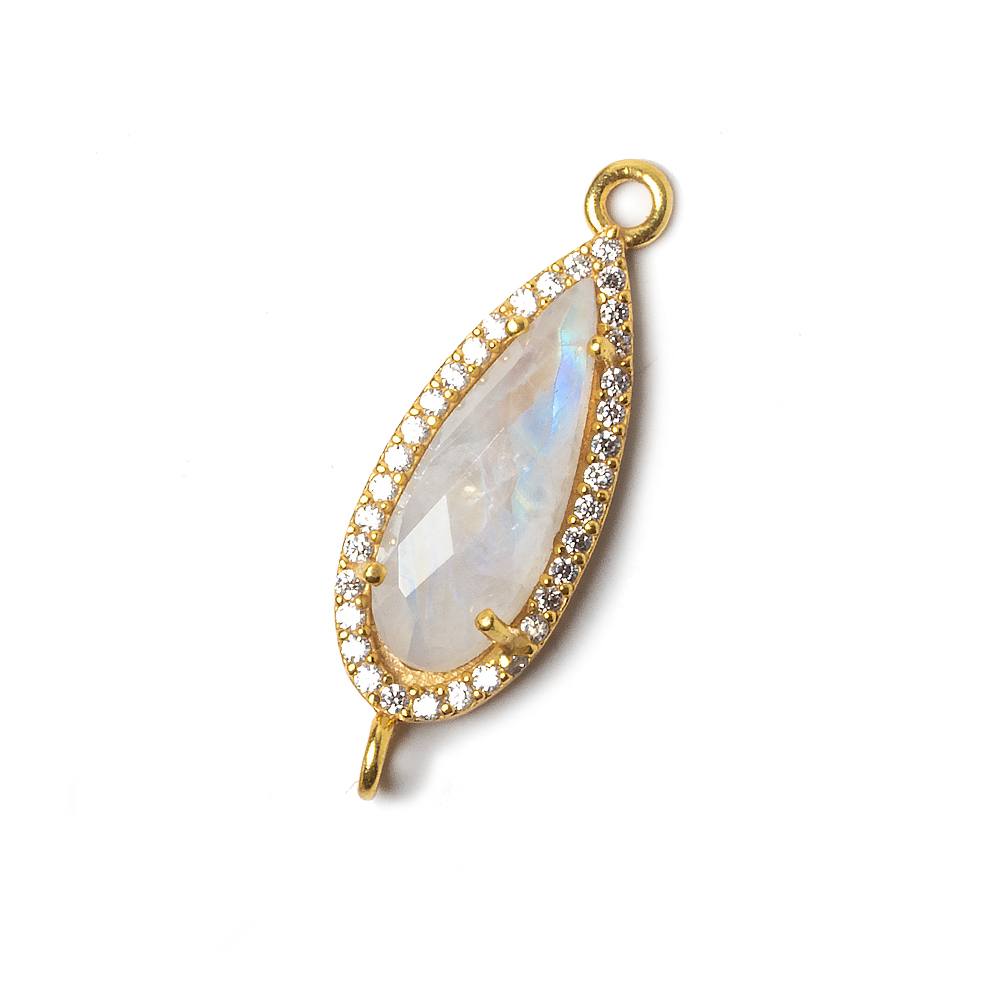 23x10mm Vermeil Bezeled White CZ & Rainbow Moonstone Pear Connector 1 pc