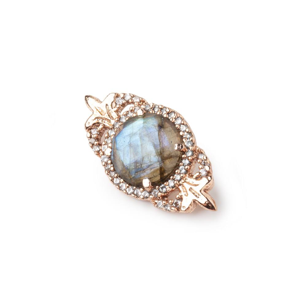25x13mm Rose Gold Bezel CZ & Labradorite Fleur de lis Coin East West Connector 1 focal bead