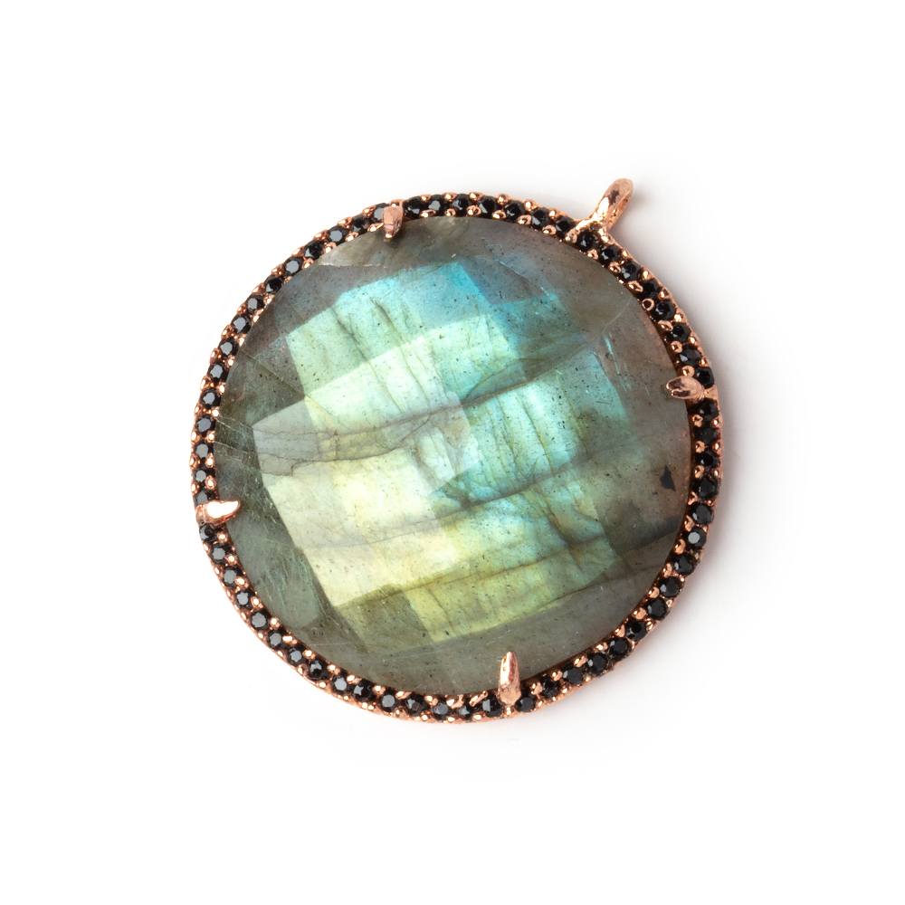 28mm Rose Gold & Black CZ Bezel Labradorite Coin Pendant 1 Focal