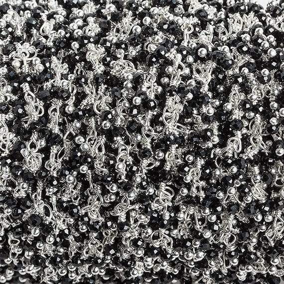 2mm Black Spinel micro faceted round Silver plated Dangling Chain by the foot 110 pcs