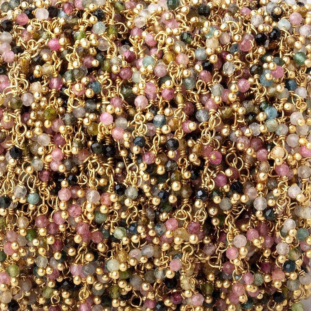 2mm Multi Color Tourmaline micro faceted Gold plated Dangling Chain by the foot