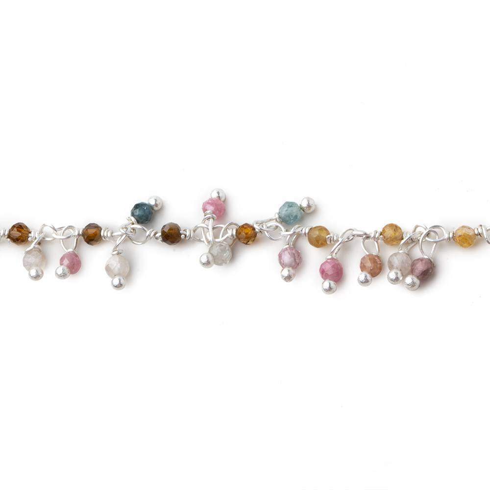 2mm Multi Color Tourmaline micro-faceted round Silver plated Dangling Chain by the foot