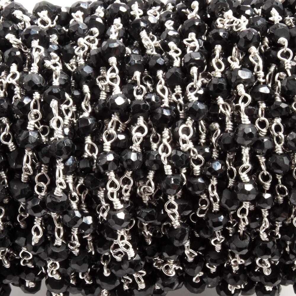 3.5mm to 4mm Black Agate faceted rondelle Silver plated Chain by the foot 35 beads