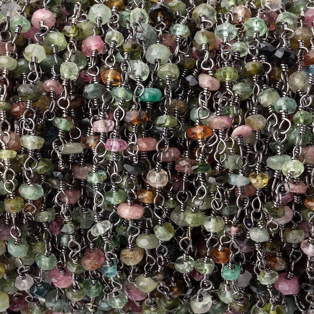 3mm Multi Color Tourmaline Faceted Rondelle Black Gold .925 Silver Chain by the foot