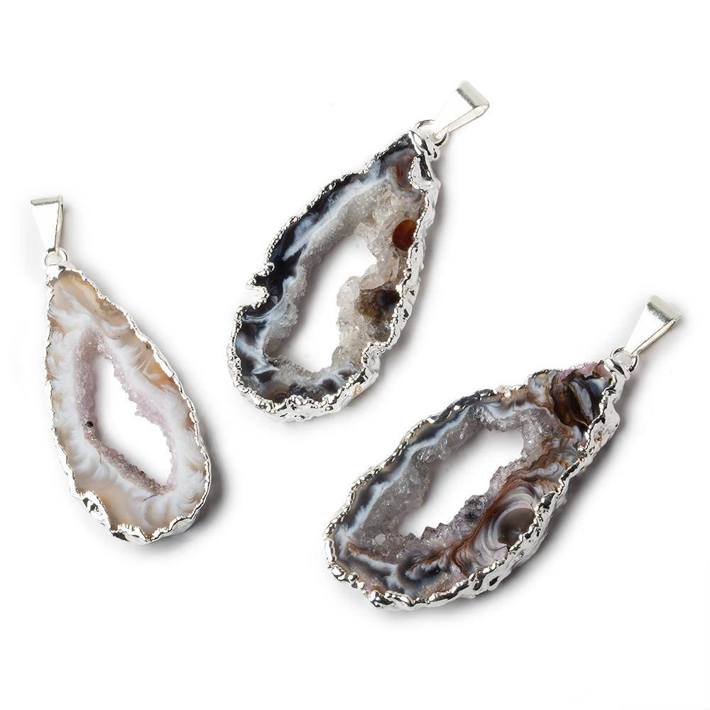 41x19x4mm Silver Leafed Occo Agate Drusy Natural Crystal Slice Pendant with Bail 1 piece