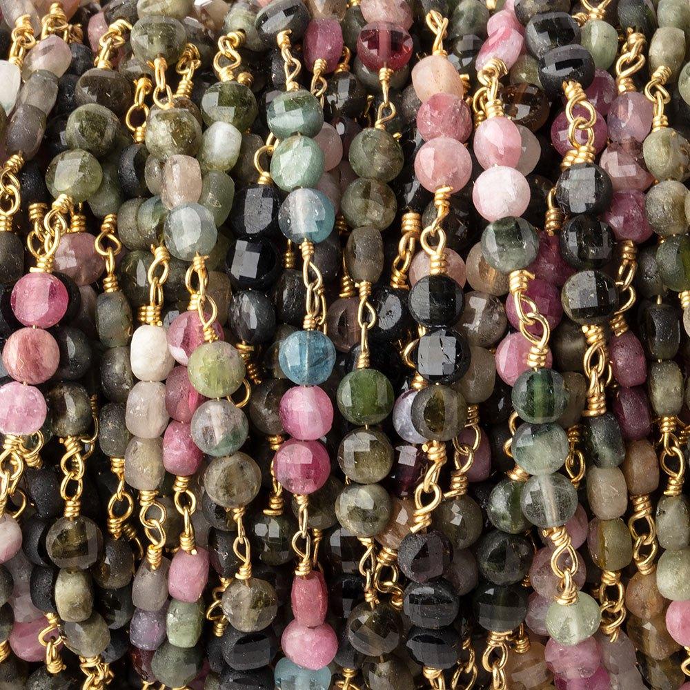 4mm Multi Color Tourmaline Faceted Coin Trio Gold Plated Chain by the Foot 51 beads