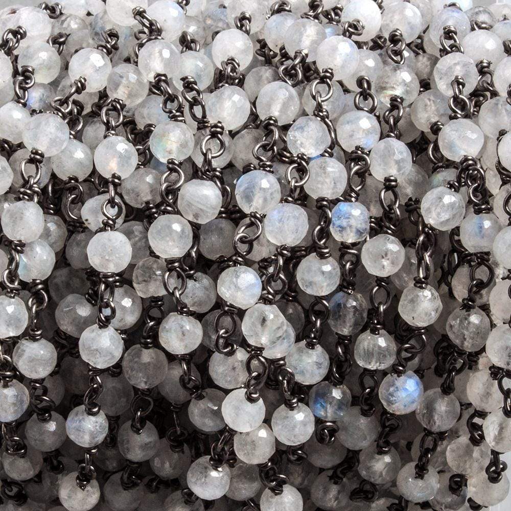 4mm Rainbow Moonstone faceted round Black Gold plated Silver Chain by the foot