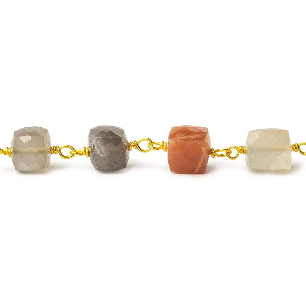 6-8mm MultiColor Moonstone faceted cube Vermeil Chain by the foot