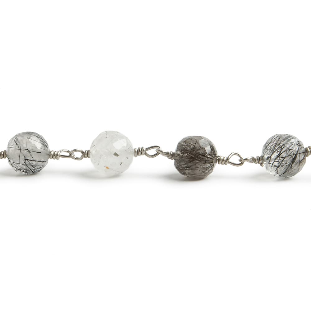 6.5mm Black Tourmalinated Quartz faceted round .925 Silver Chain by the foot 24 pieces