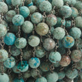 6.5mm Matte Chrysocolla faceted round Black Gold .925 Silver Chain 24 pieces