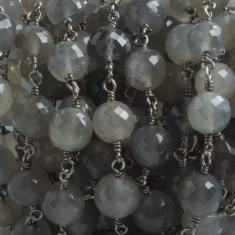 6.5mm Grey Moonstone faceted round Black Gold .925 Silver Chain by the foot 24 pieces