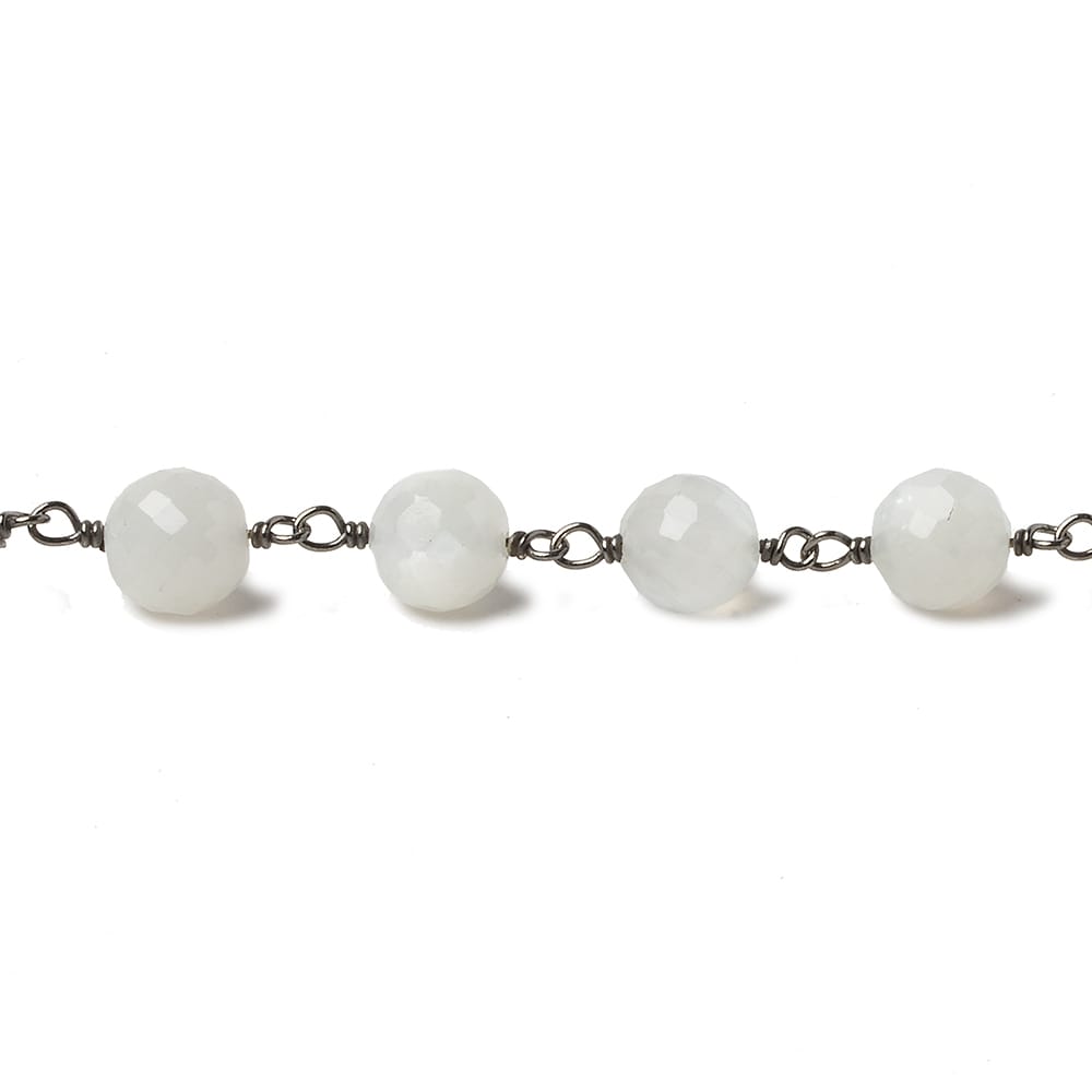 6.5mm White Moonstone faceted round Black Gold .925 Silver Chain by the foot 24 pieces