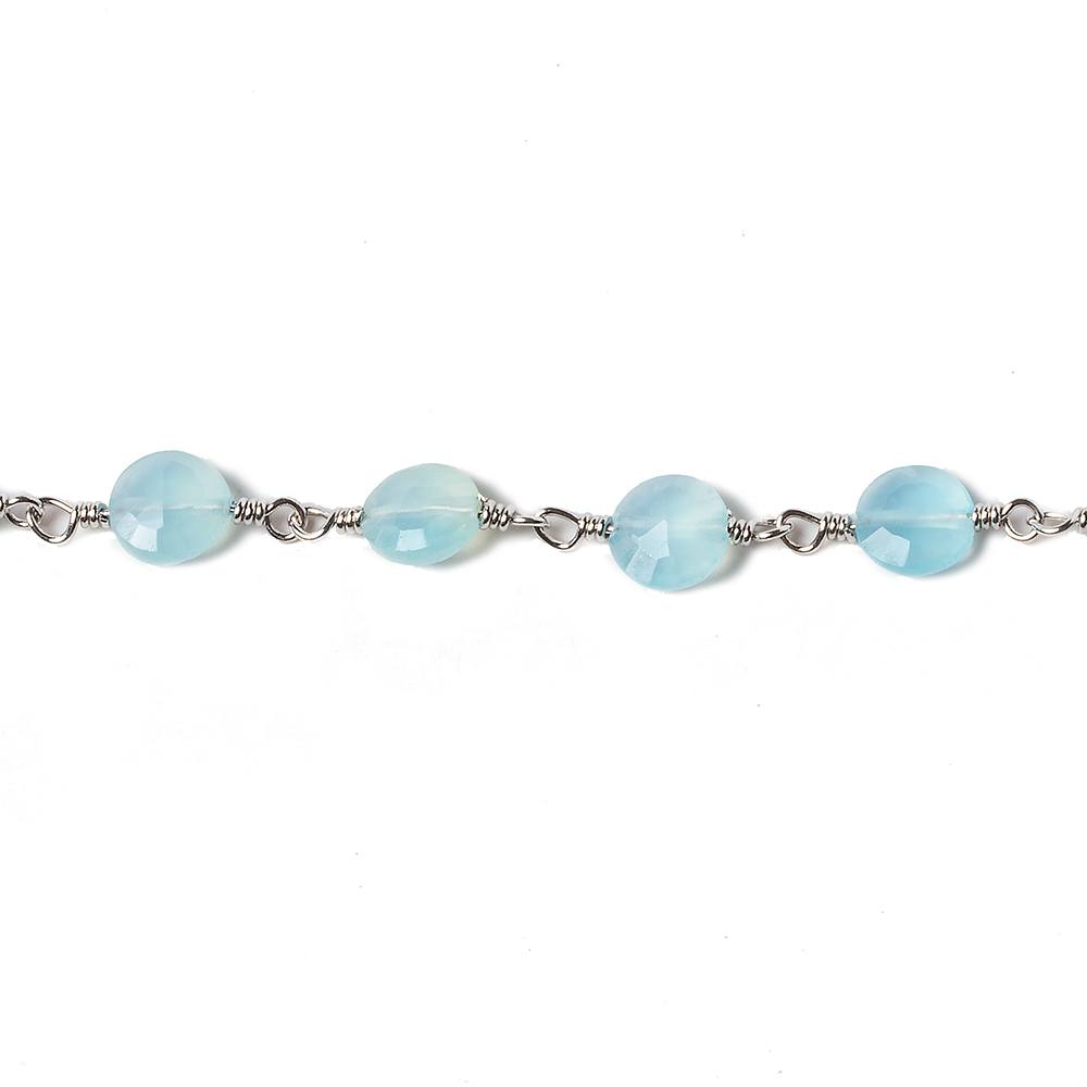 6mm Blue Chalcedony faceted coin Silver Chain by the foot 25 pieces